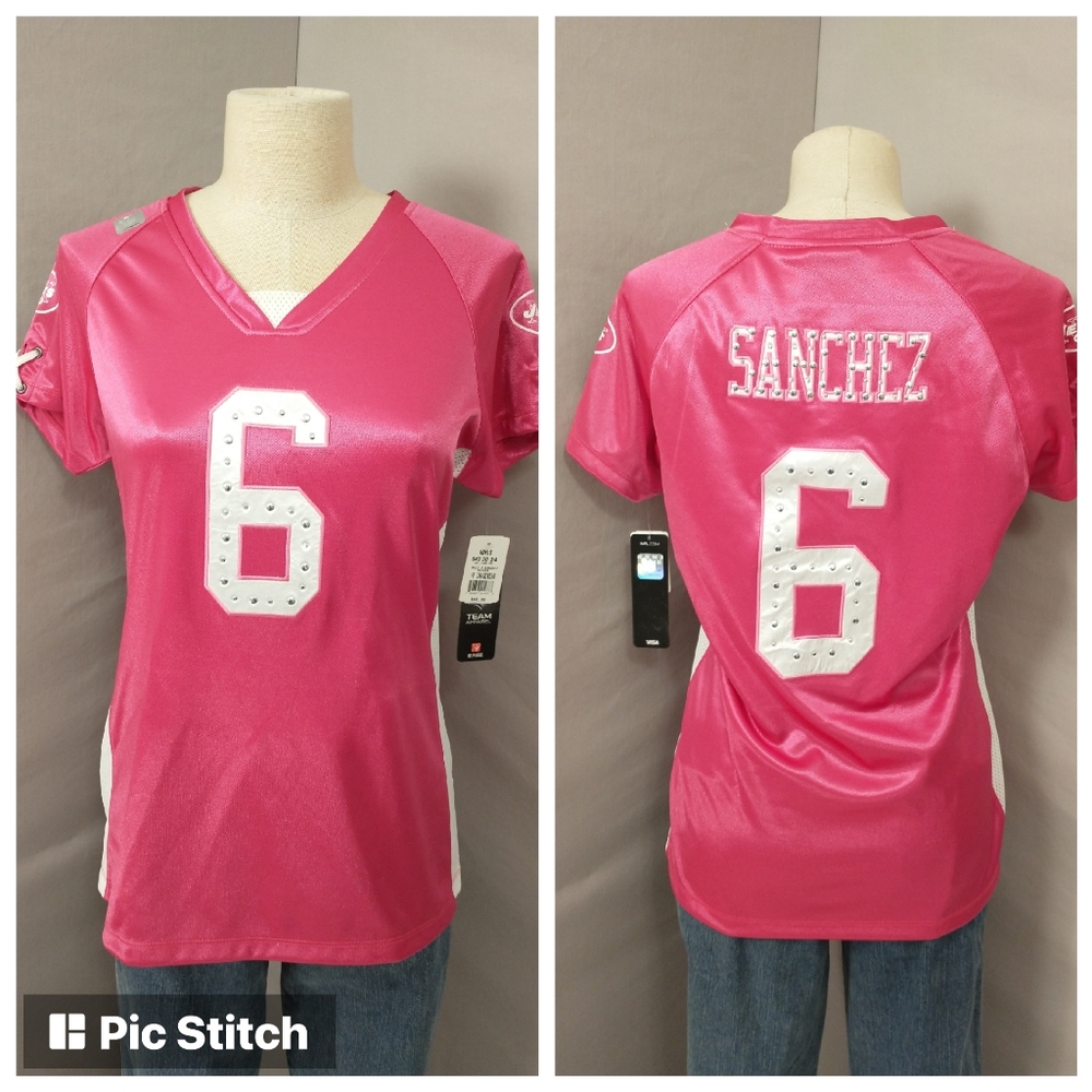 NFL Jets Sanchez Pink Woman's Top #6 w Bling sz M NWT Football Jersey Feminine